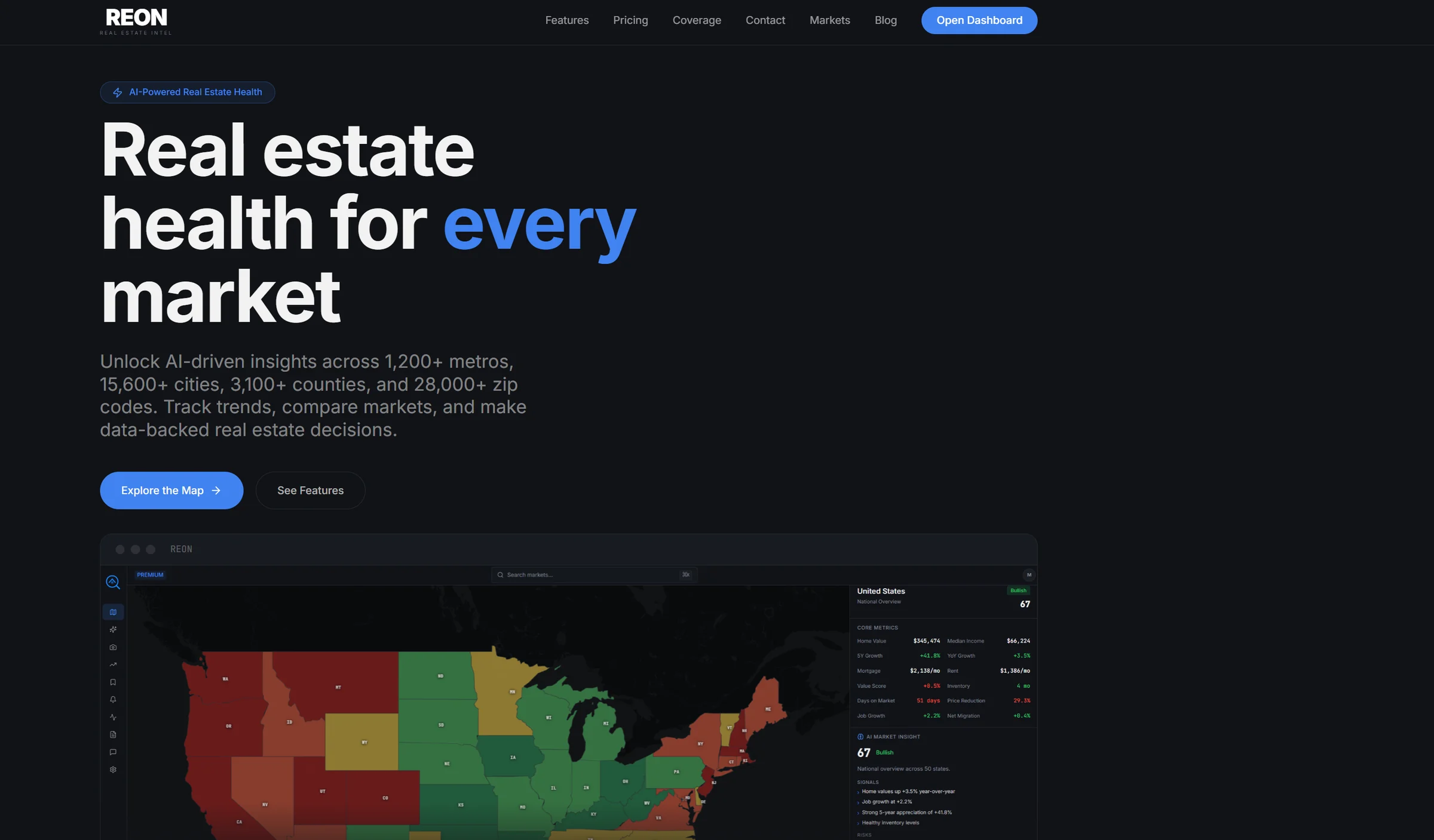 REON's product site — the headline 'Real estate health for every market' over a summary of coverage across 1,200+ metros, 15,600+ cities, 3,100+ counties and 28,000+ zip codes, above a shot of the terminal itself: a US map colored by market health beside a panel of core metrics and an AI market insight score.