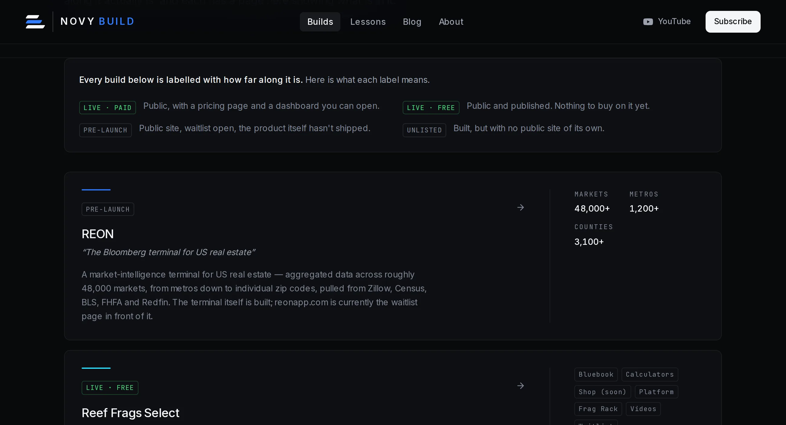 The builds index of this site: a panel defining the four status labels — live paid, live free, pre-launch, unlisted — above the REON card showing its pre-launch badge and the figures 48,000+ markets, 1,200+ metros and 3,100+ counties, with the Reef Frags Select card beginning below it.